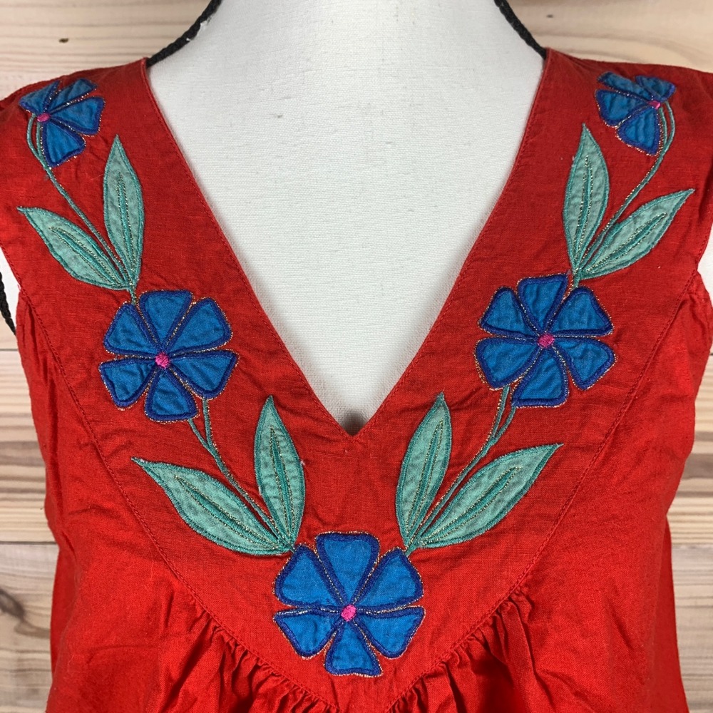 La Cera Midi Dress Women M Red Floral Embroidered Cotton Sleeveless Pocket - Picture 3 of 10